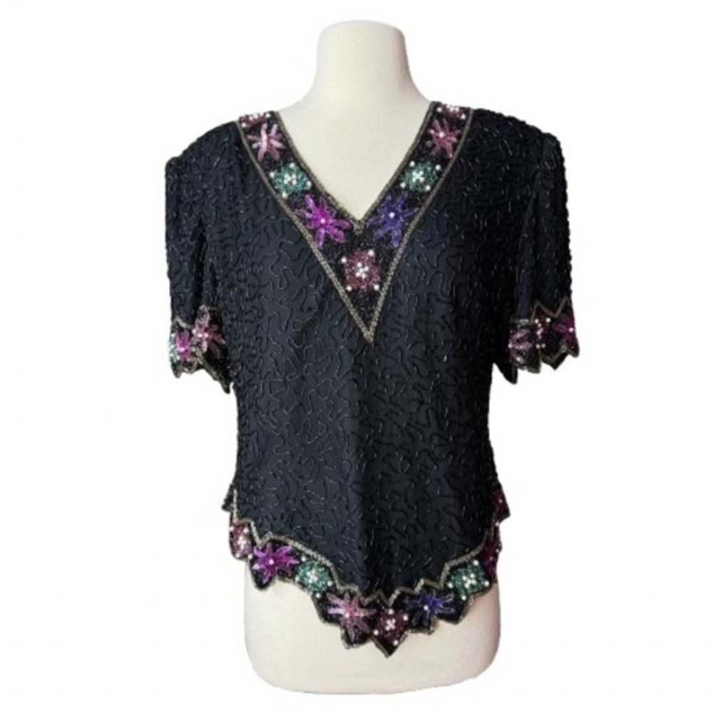 80's Women's XL Lawrence Kazar New York Silk Floral Beaded Short Sleeve Top‎